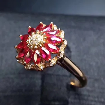 S925 sidabro Natūralus raudonasis rubinas, perlas žiedas natūralus akmuo žiedas, Prabangus, didelis apvalus Sun flower moteris, mergina, vestuvių dovana, papuošalai