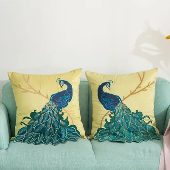 Satins Mesti Pagalvę Padengti Kinų Stiliaus Rankų darbo China Aplikacijos 3D Išsiuvinėti Blue Peacock Užvalkalas Sofa Dekoro Pagalvėlė Padengti