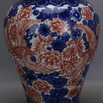 Senovinių Kinų mėlynos ir baltos Underglaze Raudonos Keramikos Didelės Imbiero Jar raudona ir phoenix dėvėti visų gėlių Modelio Porceliano Vaza