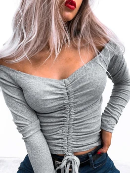 Sexy Nėrinių Off Peties marškinėliai Topai Mados Rudens-Žiemos Moteriškų Kieto V-neck Slim Tshirts Atsitiktinis ilgomis Rankovėmis Femme Tees Viršų