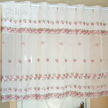 Sielovados stiliaus rožinės spalvos gėlių siuvinėjimas nėrinių pusė-užuolaidų bay lango užuolaidėlė kavos virtuvė kambarys tiulio SP4156 Nemokamas pristatymas