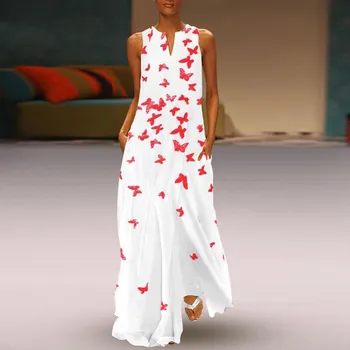 Spausdinti Baltos Spalvos Maxi Suknelė Moterų Ilgų Rankovių Vasaros Suknelė Plius Dydis Ponios Paplūdimio Boho Suknelė