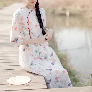 Spausdinti Cheongsam Suknelė Kinų Stiliaus Naujas Ramės (kiniškosios dilgėlės) Retro Raišteliu Varlė Kinijos liaudies Respublika, Stilius Vidutinio Ilgio Suknelė Moterų nėriniai