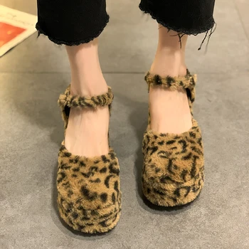 Storas obcasie moterų batai rudenį/žiemą 2020 naujas leopard print pliušinis sagties atsparumas vandeniui platformos aukšto kulno botas de mujer