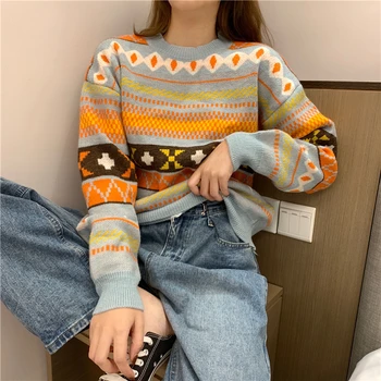 Sustorėti Džemperis Moterims 2020 M. Žiemos Geometrinis Modelis ilgomis Rankovėmis Megztiniai (Puloveriai korėjos Stiliaus Prarasti Šiltas Megztinis