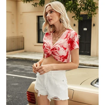 Tie-Dye Marškinėliai Topai Moterų Naujo Stiliaus Estetinių Trumpas Seksualus Krūtinės Įvyniojimas Į Viršų Vasarą Kasdien Womens Palaidinė Marškinėliai