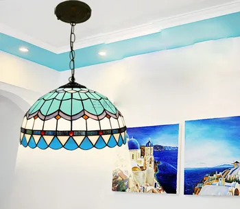 Tiffany Viduržemio jūros regiono Stiliaus Mėlyna Šviesa vitražas E27 110-240v Led Grandinė Kabo Žibintai Luminarias Dinging Kambarys