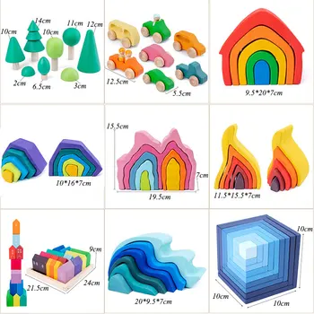 Vaikų Montessori Mediniai Blokai Ankstyvojo Ugdymo Švietimo Žaislai, Medžio Liepsna Namas Vaivorykštė Akmens Blokų, Mediniai Žaislai