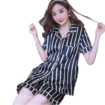 Vasaros Korėjos Moterų Šilko Satino Pižama Pižamos Nustatyti Trumpas Rankovės Sleepwear Pijama Kostiumas Moterų Miego Dviejų Dalių Komplektas Loungewear