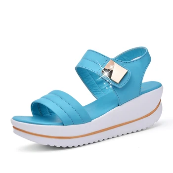 Vasaros Moterų Sandalai platforma kulno Oda, kablys linijos metalo Minkštas patogus Pleišto batai ponios atsitiktinis sandalai baltoji mėlyna