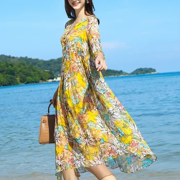 Vasaros Suknelė Šilko Moterų Spausdinti Gėlių Ilga Suknelė Elegantiškas Plonas Paplūdimio Suknelės Boho Geltona Šalies Vestidos Verano 2021 LWL1542
