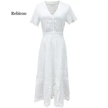 Vasarą balta suknelė, ilga prarasti dizaino trumpomis rankovėmis, tuščiaviduriai medvilnės nėriniai moterų suknelė