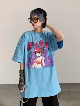 Vasarą naujas Vyrų Marškinėliai Animacinių filmų Mergina Komiksai Kanji Spausdinimo Harajuku Japonų Stiliaus Jaukus Negabaritinių Pora Atsitiktinis Streetwear