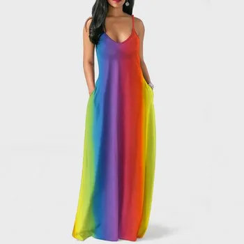 Vestidos 2020 Mados Moterų Rankovių Vasaros Suknelė Vaivorykštė Spausdinti Ilga Suknelė Dirželiai V Kaklo, Rankovių Kišenės Boho Maxi Suknelė