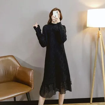 Vientisas Korėjos Stiliaus 2020 Naujas Žiemos Moterų Suknelė Megzti Prarasti Tiesiai Megztinis Suknelės Nėriniai Twist Susiuvimo Temperamentas Suknelė