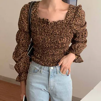 Vintage Mados Seksualus Leopard Moterų Marškiniai Aikštėje Apykaklės Sluoksniuotos Ilgomis Rankovėmis Išskirtinį Plonas Prancūzų Stiliaus Naujas Ruduo, Moterų Palaidinė