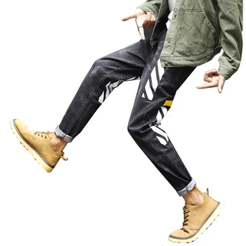 Vyrai Atsitiktinis Spausdinti Džinsai Vyrų Mados Medvilnės Juoda Slim Fit Denim Kelnės Retro Haremas Jeans Mens Hip-Hop Streetwear Džinsinis Kombinezonas