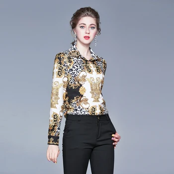 Willstage Moterų Marškinėliai ilgomis rankovėmis Leopard spausdintą modelio apykaklės marškinėliai palaidinė Elegantiškas biuras ponios 2019 m. Rudenį, Žiemą Viršūnės