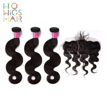 WoWigs Plaukų Brazilijos Banguoti Remy Human Hair 3 Ryšulius Su Nėrinių Uždarymo / Priekinės Natūralių Spalvų Įstaiga Banga Ryšulius Su Uždarymo