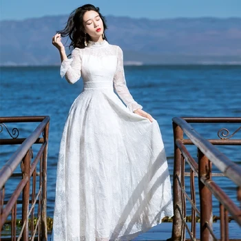 YAMDI elegantiška prabanga šalis suknelės moterims 2020 ilgomis rankovėmis suknelė pavasario vasaros kilimo ir tūpimo tako boho-line senovinių nėrinių vientisos baltos vestid