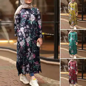 ZANZEA Moterų Vintage Suknelė Rudenį, O Kaklo, ilgomis Rankovėmis Gėlių Spausdinti Sundress Atsitiktinis Musulmonų Suknelė Prarasti Kaftan Vestiso Plius Dydis