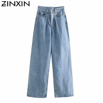ZINXIN 2020 mados moterų pločio kojų ilgio džinsus, kelnes, kelnės kišenės užtrauktuką moterų kelnės