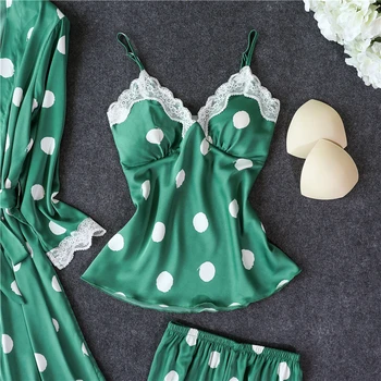 Žalia pižama keturių dalių moterų pavasario vasaros seksualus kostiumėlis su krūtinės mygtukai dirželiai nightdress ledo šilko skraiste nustatyti plonas pižama пижама