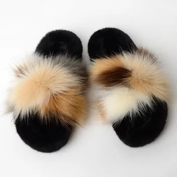 Žiemos Moterų/Vyrų Dirbtiniais Fox Fur Šlepetės Mielas Kryžiaus Pliušinis Pora Skaidrių Patalpų Tirštėti Šiltų Namų Batai Ponios Furry Flip Flops