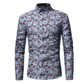 2018 m. Pavasario Gėlių Spausdinti Vyrų Marškinėliai ilgomis Rankovėmis Mens Atsitiktinis Marškinėliai Slim Vyrai Gėlių Spausdinimo Suknelė Marškiniai camisa masculina