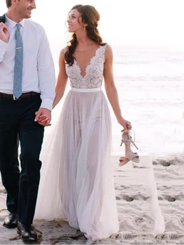 2019 Elegantiškas Paplūdimio Vestuvių Suknelės Rankovių Šifono Suknelės Nėriniai Iliuzija V-Kaklo, Vestuvinės Suknelės Grindų Ilgis