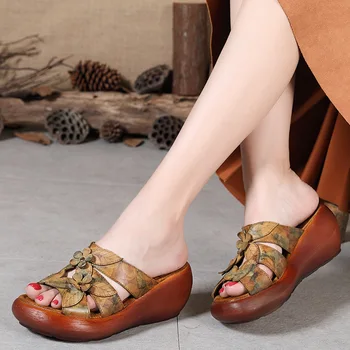 2019 m. Rudens ir Vasaros Naujų Odos Sandalai Moteriška Gėlių Storio-soled Moteriški Batai Atsitiktinis Retro Bateliai Zapatos De Mujer