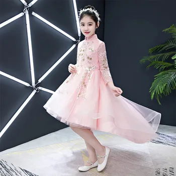 2019Spring Naujas Vaikas Merginos Elegantiškas Kinų Stiliaus Siuvinėjimų Gėlės Princesė Nėrinių Suknelė Vaikų Cheongsam Princess Gimtadienio Suknelė