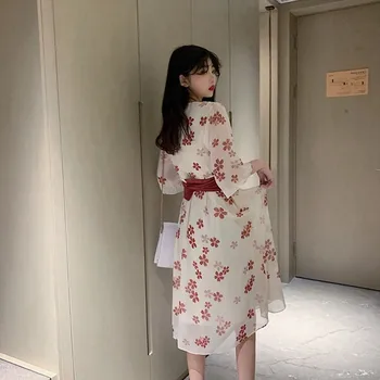 2020 m. Japonija Vasaros Mados Blyksnius Rankovės Femme Vestidos Gėlių Spausdinti Nėrinių Suknelės Moterims, Prašmatnus, Seksualus V-kaklo Kinų Stiliaus Suknelė