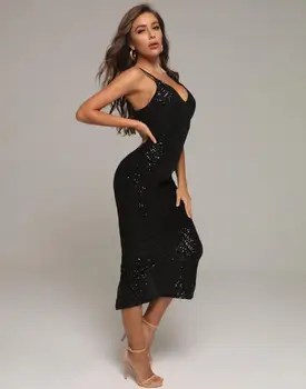2020 m. Moteris Seksuali Dizaineris Vidurio blauzdos Juoda Tvarstis Suknelė Elegantiškas High Street Blizgančiais Blizgančių Prom Įžymybė Šalis Suknelė Vestido