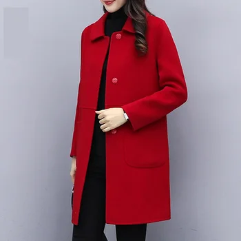 2020 m. Rudens Žiemos Mišiniai & Vilnos Striukė Moterims Raudona Juoda Rausva Elegantiškas Plonas Vidutinio ilgio Outwear Plius Dydis Atsitiktinis Moterų Vilnos Paltai