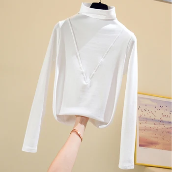 2020 M. Rudenį Golfo Ilgomis Rankovėmis Medvilnės T Shirts Žiemos Atsitiktinis, Kietas Slim T-Shirt Marškinėliai Femme Korėjos Stiliaus Moteriški Drabužiai