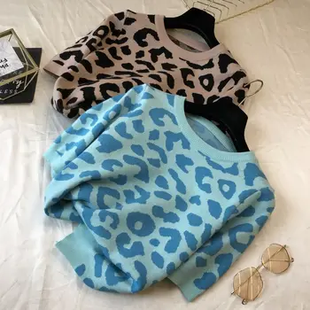 2020 M. Rudenį Trumpomis Rankovėmis Megztinis Moters Megztiniai Naujų Korėjos Stiliaus Spalvos Leopard Megzti Marškinėliai Viršų Moteriška Rudenį Medžiaga Megztinis