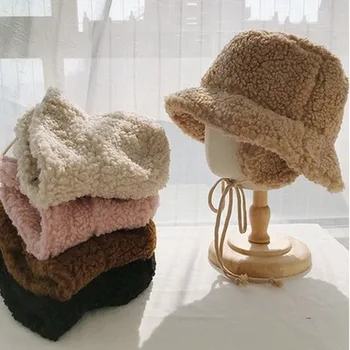 2020 m. Žiemos skrybėlės moterims storio kibirą kepurės su earmuffs vientisos spalvos ėriukų vilnos kibiro kepurę, šiltas panamos skrybėlės kepurės