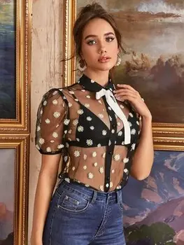 2020 Mados Moterų Šifono Marškinėliai Ponios Vasaros Atsitiktinis Vien Mygtuką Žemyn Marškiniai Daisy Modelis Atvartas Matyti Per Moteriška Palaidinė