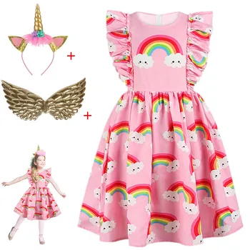 2020 metų Vasaros Mergaitės vaivorykštė Vienaragis Spausdinti Vaikai Suknelės Kūdikių Merginos Princesė Suknelė Šalies Drabužių Gimtadienio Suknelės Vestidos