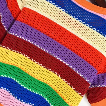 2020 metų Vasaros Moterų dizaineris vaivorykštės spalvų bloko juostele Megztiniai trumpomis rankovėmis gilrs tuščiaviduriai iš Atsitiktinis Megztinis Viršūnes A11