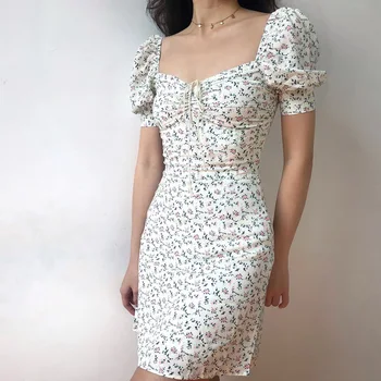 2020 metų Vasaros Naują Moterų prancūzijos Šviesą Aikštėje Apykaklės Nėriniai-up Sluoksniuotos Rankovėmis Seksualus Šifono Atspausdinta Virš Kelio, Mini balta suknelė