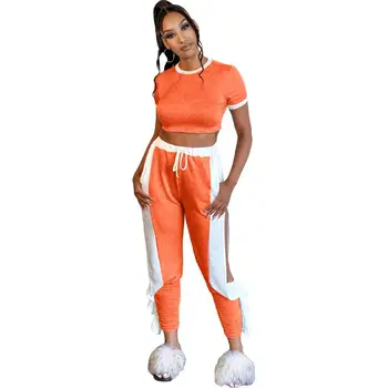 2020 naujas mados vientisos spalvos moterų sporto kostiumas slim fit o-kaklo trumpomis rankovėmis marškinėliai ir Kelnės Rinkinys