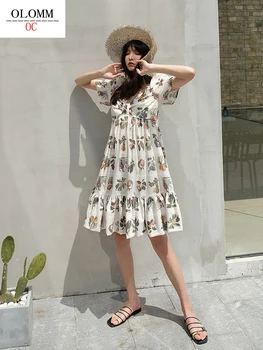 2020 Naujas vasaros Moterų Printed dress Japonijos ir korėjos koledžo stilius V-kaklo Burbulas rankovėmis mados Ilgas sijonas A2167#