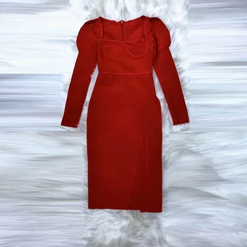 2020 Naujas Vasaros Seksualus Tvarstis Raudona Suknelė ilgomis Rankovėmis V-kaklo Apvalkalas Vidurio Blauzdos Elegantiškas Klubas kilimo ir tūpimo Tako Šalies Vestidos Geros Kokybės Suknelė