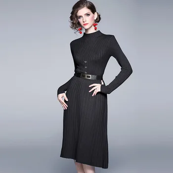 2020 naują stilių, jungiamas nedidelis nuolatinis apykaklės plonas plonas kokybės moterų ilgomis rankovėmis pusė juosmens trikotažo suknelė