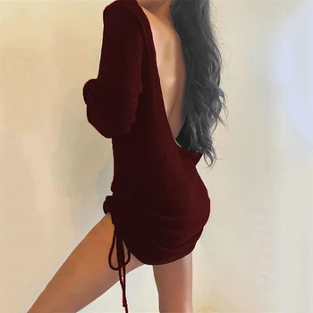 2020 Naujų Rudens Ponios Megztinis Suknelė Seksualus U-Apynasrio kaklo Raišteliu vientisos Spalvos Megztinis Suknelė
