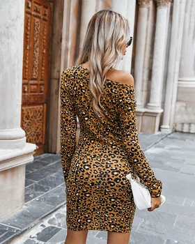 2020Women Rudenį Plisuotos Leopard Gėlių Suknelė Apvalios Kaklo Mini Slim Suknelė Su Split Ends maišelį klubo Aukšto Juosmens Seksualus OLIS baras, Drabužių