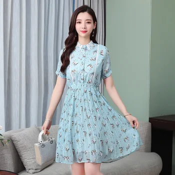 2021 Korėjos Saldus Gėlių Šifono Mini Suknelės Moterims Bodycon Elegantiškas Šalis Vestidos Vasaros Derliaus Plius Dydis Blue Beach Sundress