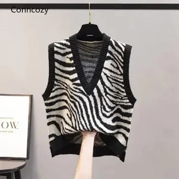 2021 m. Pavasarį, Rudenį Viršūnes Ponios Megztus Liemenė Atsitiktinis Palaidų V-kaklo Zebra Modelis Prarasti Rankovių Megztinis Megztinis Liemenė Moterims Juoda
